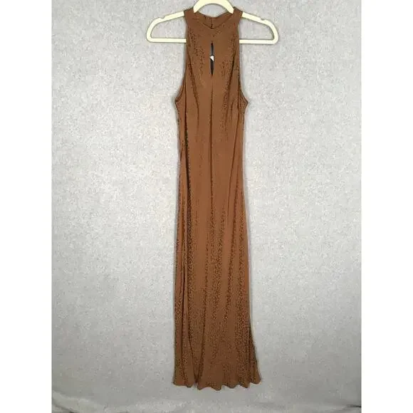 Young Fabulous Broke Dress Medium Brown Satin Slip Leopard Satin Stretch  Halter